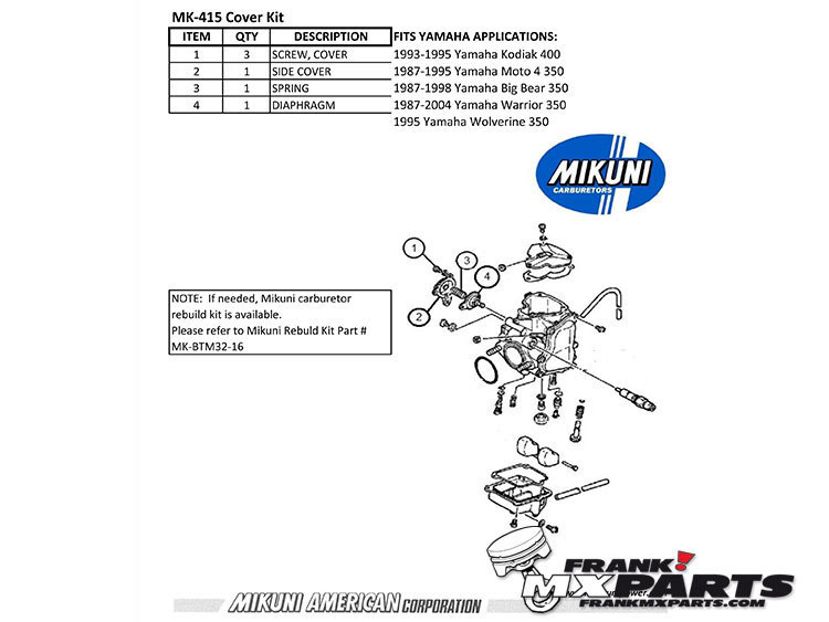 ACV deksel revisie kit / Mikuni BTM32 carburateurYamaha Kodiak Moto 4 Big Bear Warrior Wolverine - Afbeelding 2