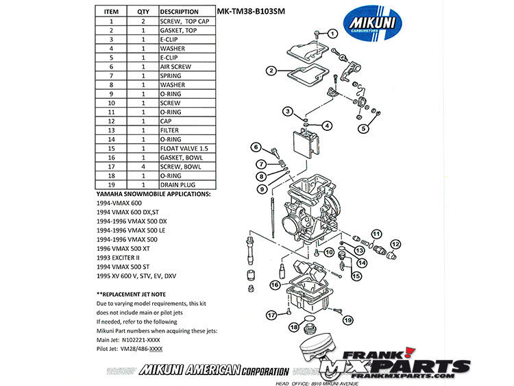 Rebuild kit Mikuni TM38 carburetor / Yamaha VMAX 500 600 snowmobile - Image 2