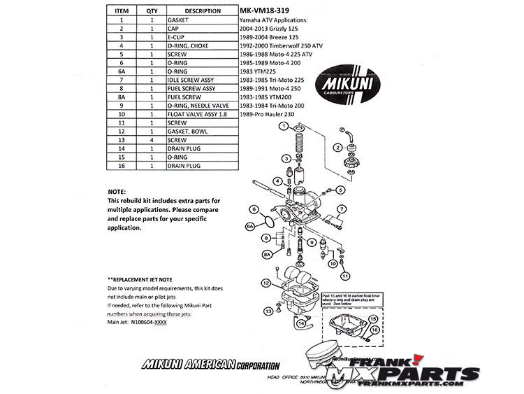Revisie kit Mikuni VM18-319 carburateur / Yamaha ATV - Afbeelding 2