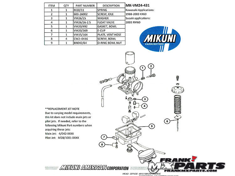 Revisie kit Mikuni VM24 carburateur / 2003 Suzuki RM 60 RM60 - Afbeelding 2