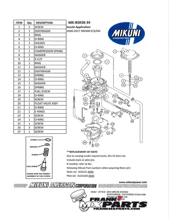 Revisie kit Mikuni BSR 36 carburateur / Suzuki DRZ 400 DR-Z400 - Afbeelding 2