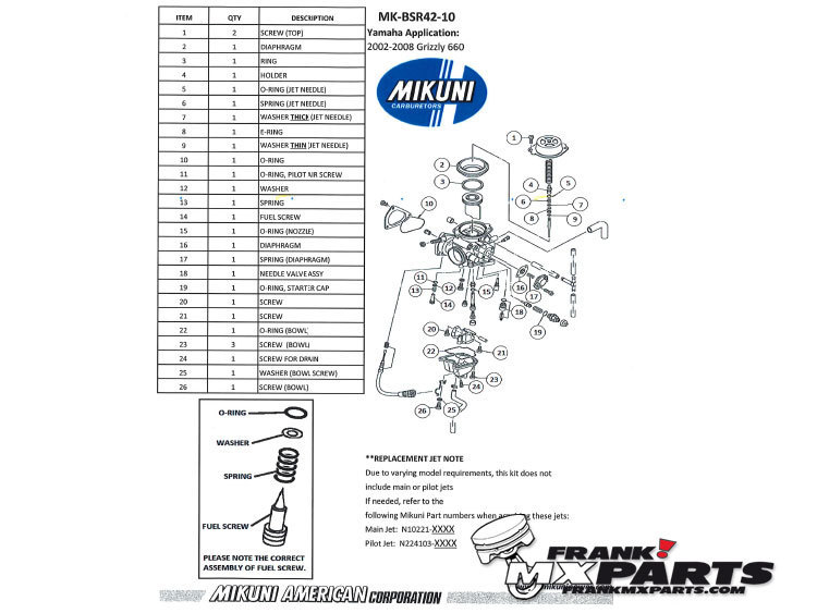 Revisie kit Mikuni BSR 42 carburateur / 2002-2008 Yamaha Grizzly 660 ATV - Afbeelding 2